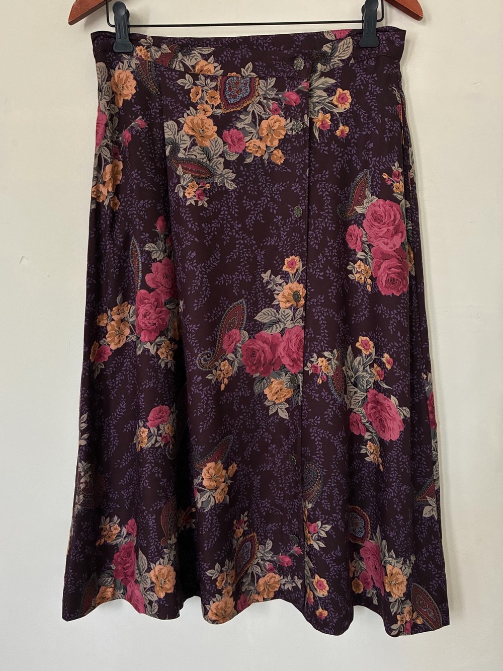 Eagle's Eye Vintage Floral Paisley Midi Skirt Burgundy Rayon Button Front Sz 10